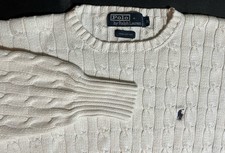 vtg Polo Ralph Lauren Mens M Solid White Crewneck Cable Knit Sweater Fisherman