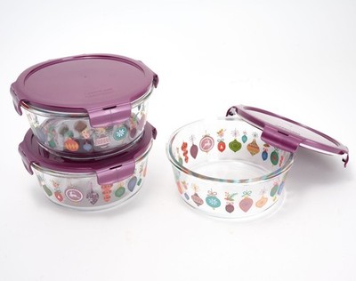 LocknLock Holiday Printed Glass Bowls with Lids Set of 3 K96542 ORNAMENTS NEW