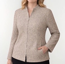 Kasper Boucle Wool Blazer Jacket M 10 Beige Metallic Zip Career Minimal Classic
