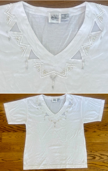 Vintage White Blouse sz S Beaded T-shirt Top Jason Maxwell Mint Condition
