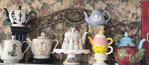Vintage Teapot Collection And Pedestals