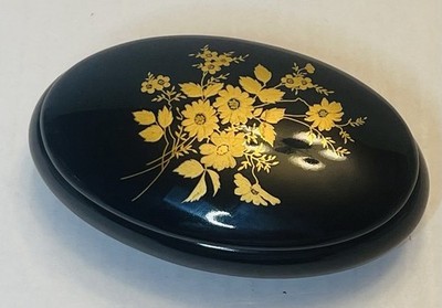 Vtg Skard SA Ceramic Trinket Box Black Gold Floral Porcelain Lidded Jar Spain