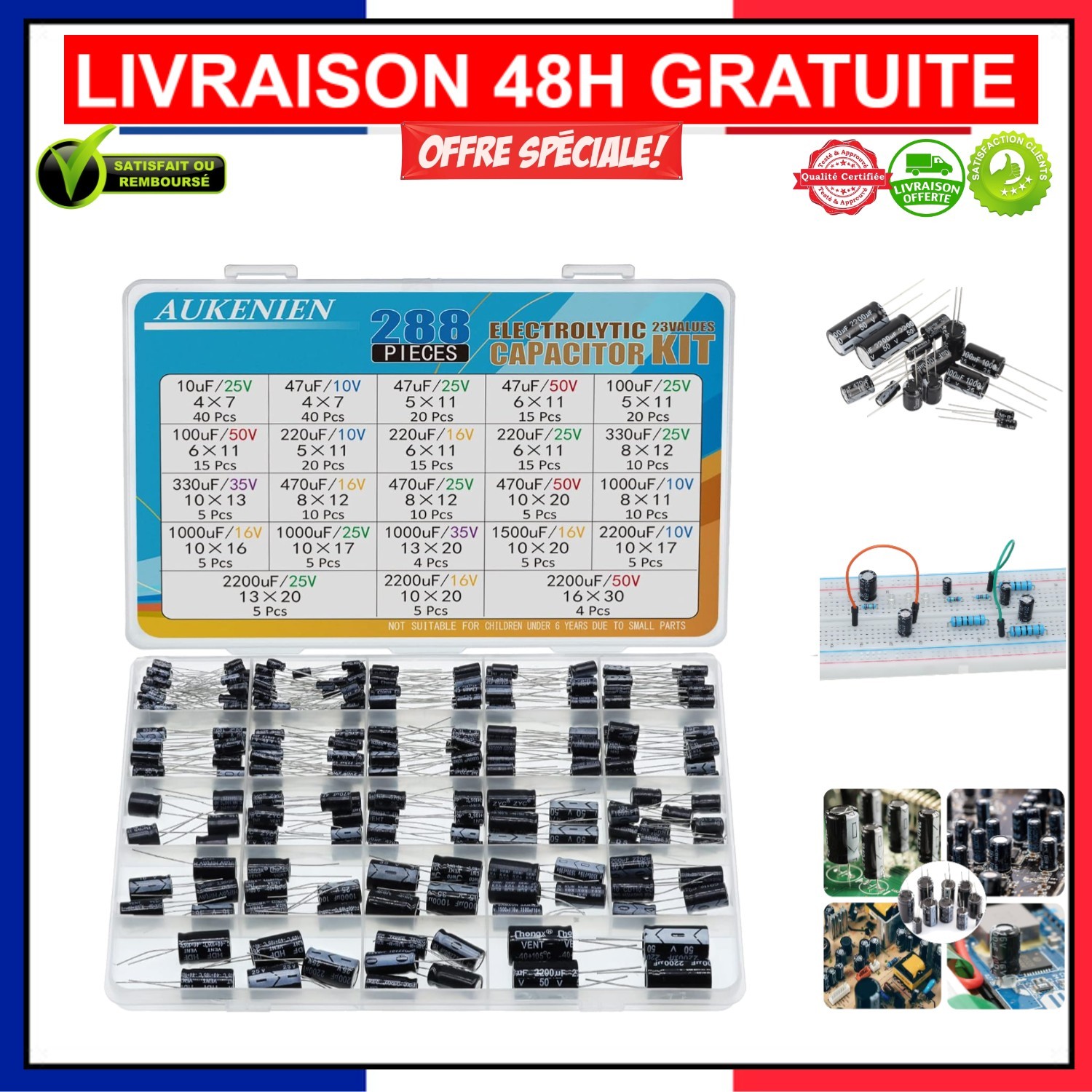 Condensateurs Électrolytiques 10uF-2200uF AUKENIEN - Assortiment de 288 Pièces pour Bricolage Électronique