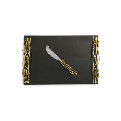 Michael Aram Brass, Stainless & Granite Twig Gold Large Cheese Board w/Knife New
