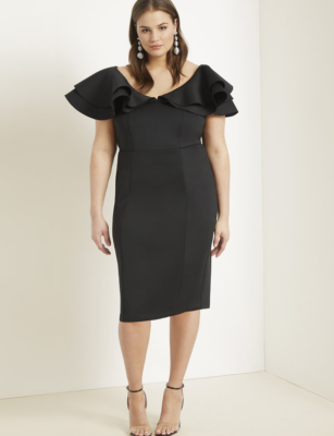 scuba material formal dress Final Sale Plus Size Scuba Off the Shoulder Satin Ruffle Long Gown in –  Chic And Curvy main image 0