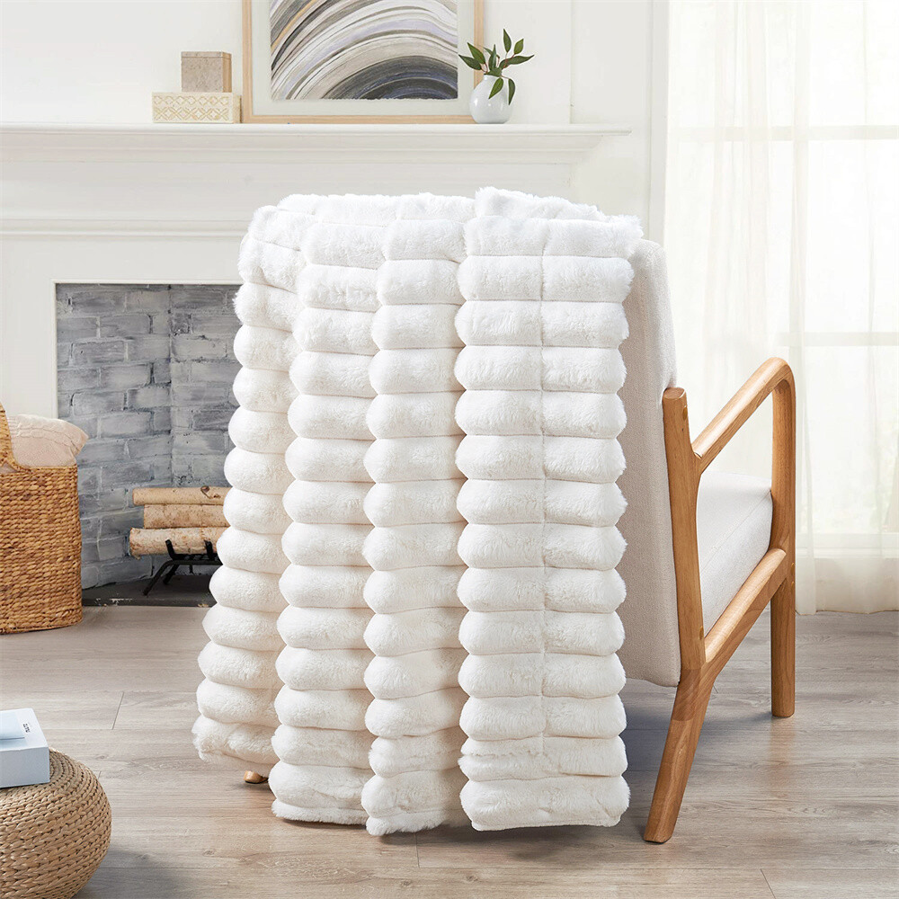 Cozy Fuzzy Striped Faux Fur Throw Blanket – Warm Soft Plush for