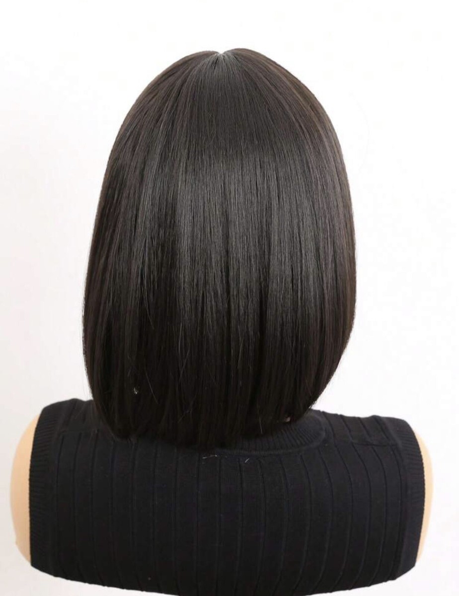 Perruque Courte Coupe Carré - Cheveux Humains Noirs - 25 Cm - Frange - Avec Cadeau