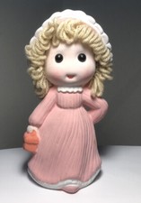 Very cute pink ceramic piggy bank doll figurine With Curly Hair 7  Tall