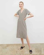 M.M. Lafleur The Renee V-Neck Thin Striped Cotton Shirt Dress In Tan Size S