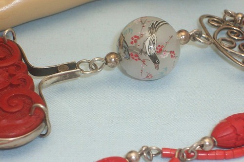 Silver Cinnabar Chinese Characters tendance Pendant Necklace Reverse Painted Glass Balls