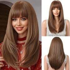 Dress Up Wigs With Bangs Heat Resistant Synthetic Hair Long Straight Soft Maroon