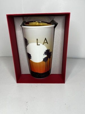 Starbucks 2015 LA Los Angeles California Ceramic Travel Mug Palm Trees Gold Lid