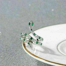 Natural Green Emerald 2Ct Round Cut Snake Wedding Ring 14K White Gold Plated