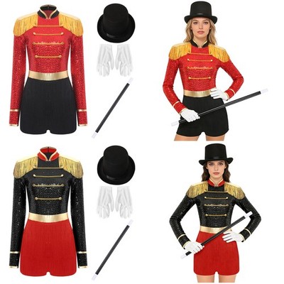 Damen Zirkus Randbereich Jumpsuit Showman Zirkusdirektor 4-teiliges Set Body