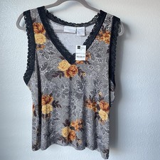 Worthington Womens Tank Size XL Floral Print Lace Trim Top black Shell NEW