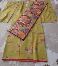 Green Floral Kimono with Obi and Accessories, Silk, Yellow Lining, Used