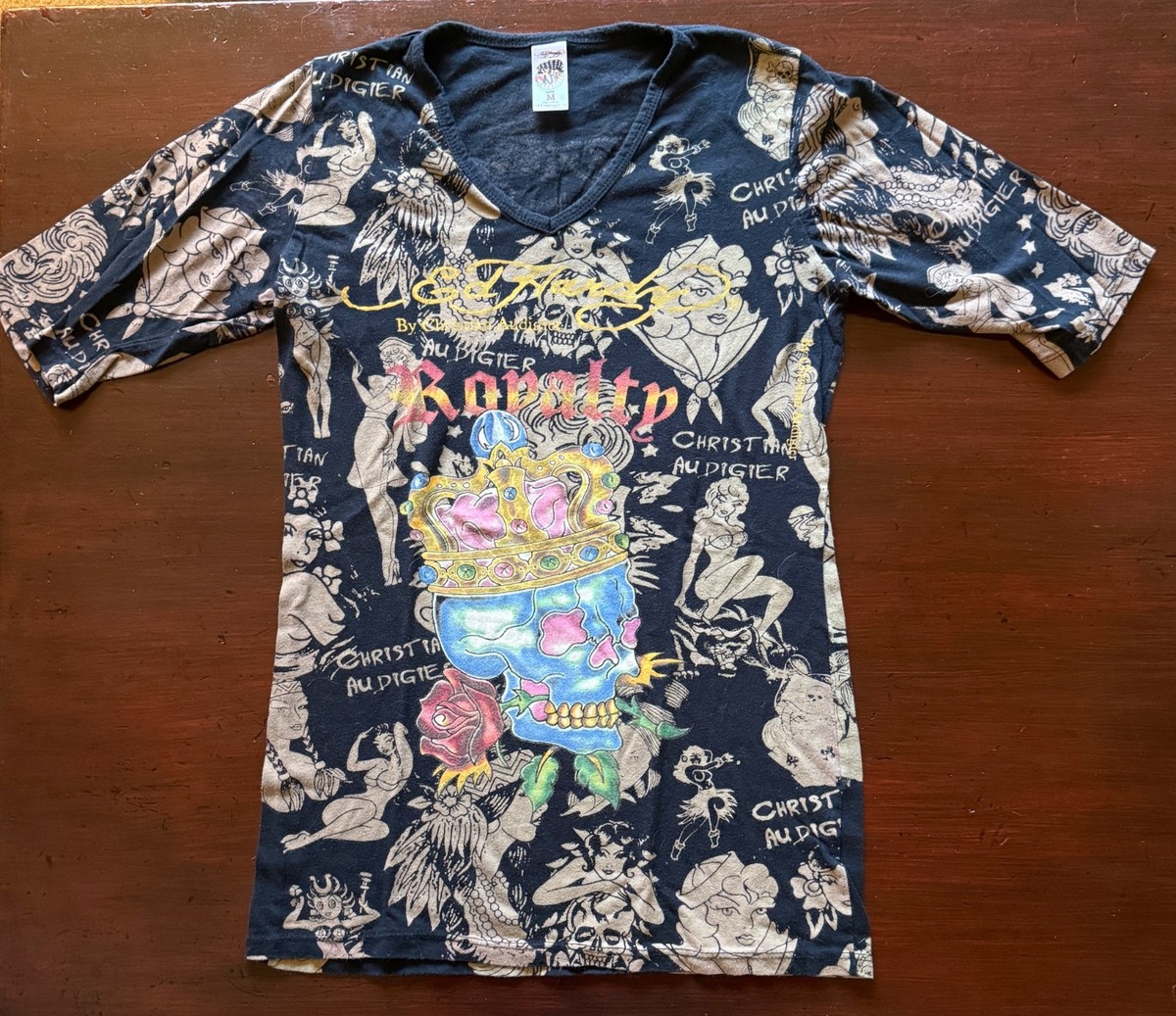 RARE Y2K Vintage Ed Hardy Skull Pin Up Black Blue Gold Crown t