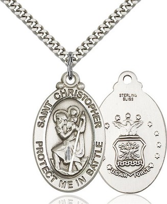 Sterling Silver Saint Christopher Air Force Medal Pendant Necklace 24'' Chain