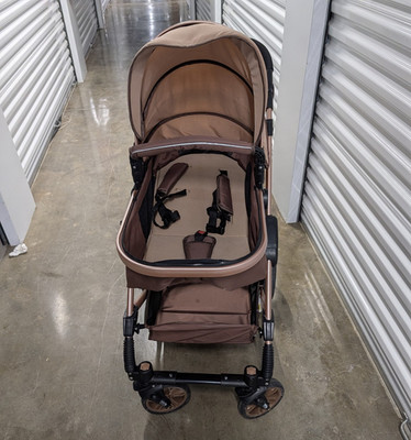 Brown/Beige Single Baby Stroller w/ Hood/Canopy, Swivel Wheels, Basket