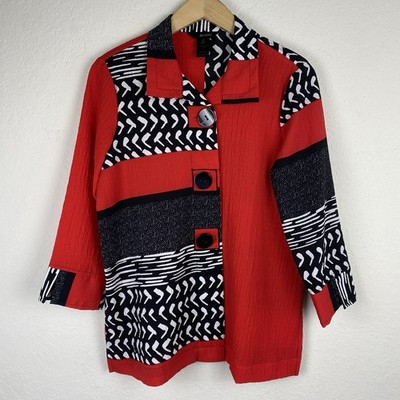 Ali Miles Size M Tunic Top Kimono Sleeve Red Artsy Abstract Funky Asian