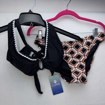 NWT Cupshe Two Piece Swimsuit Size Small Black Bottoms & Brown Geo Top New