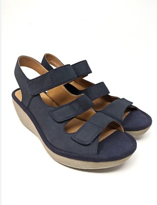 Clarks Reedly Juno Wedge Sandal Womans 7.5 M Blue Leather Nubuck Slingback