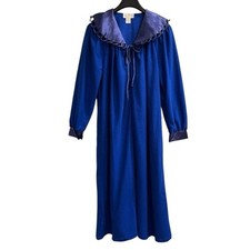 Vintage Ashley Ames Nightgown Womens L Royal Blue Fleece Satin Trim Long Lounge