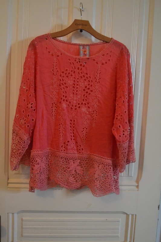 ORANGE EMBROIDERED FLORAL EYELET 3/4 SLEEVE TUNIC BLOUSE BY JOHNNY WAS ~ S
