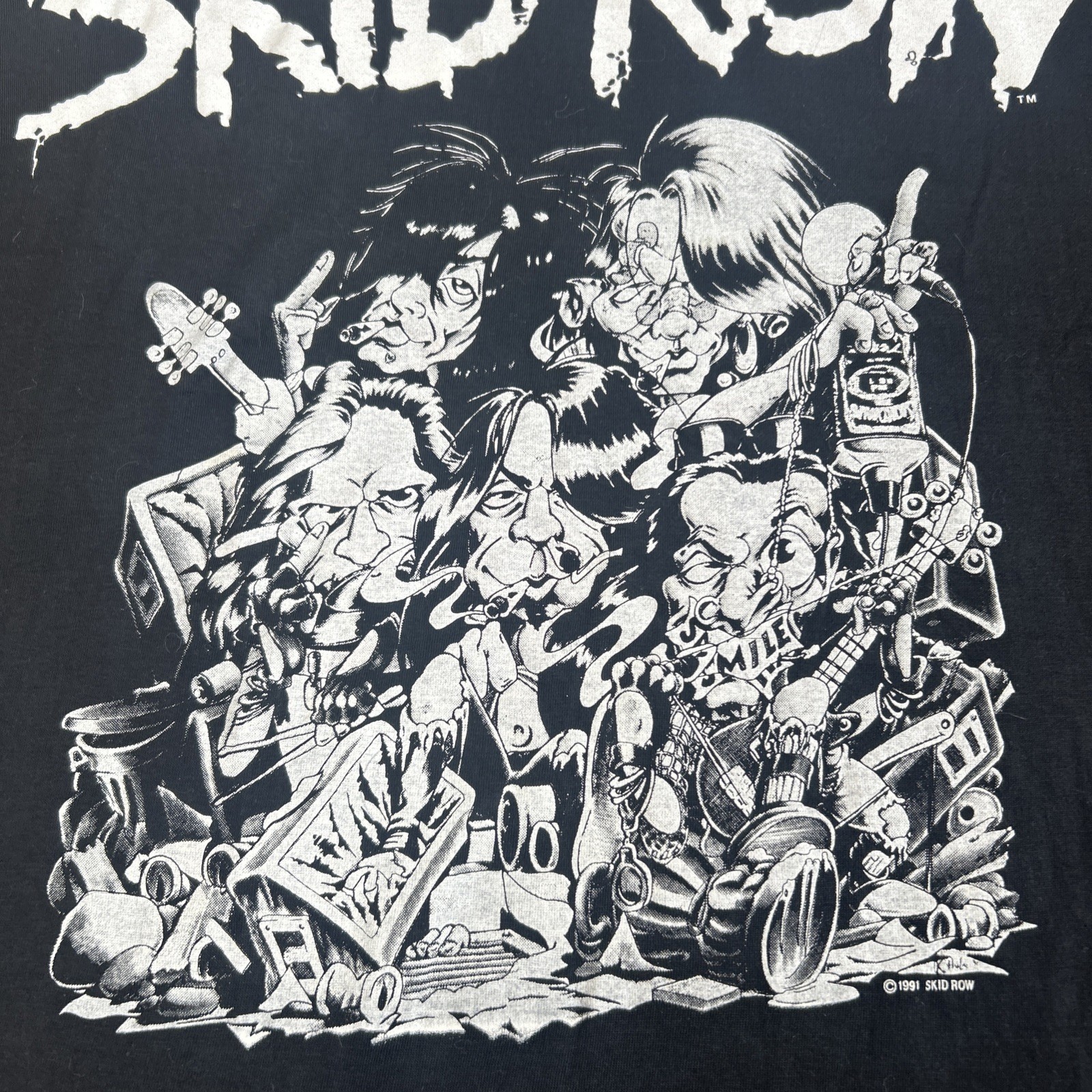 FILA Maglietta vintage Skid Row uomo grande nera caricatura Donnington 1992 rock band maglietta