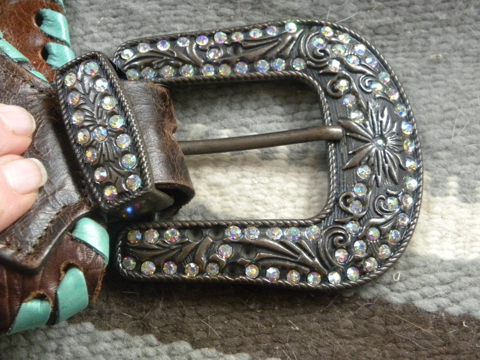 CINTURÓN DE CUERO KURTMEN LEO MARRÓN Y TURQUESA CINTURÓN DE CUERO XS 4" ANCHO! Foto 3 de 4