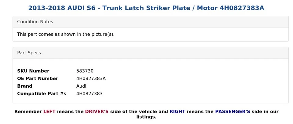 2013-2018 AUDI S6 - Trunk Latch Striker Plate / Motor 4H0827383A - Image 4 of 4