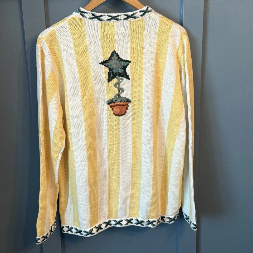 NWT Quacker Factory Garden Cardigan Sweater Lg Yellow White Striped Embroidered - Image 2 of 4