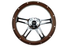 14 Inch Billet Chrome Steering Wheel Mahogany Half Wrap 6 Bolt with Horn Kit