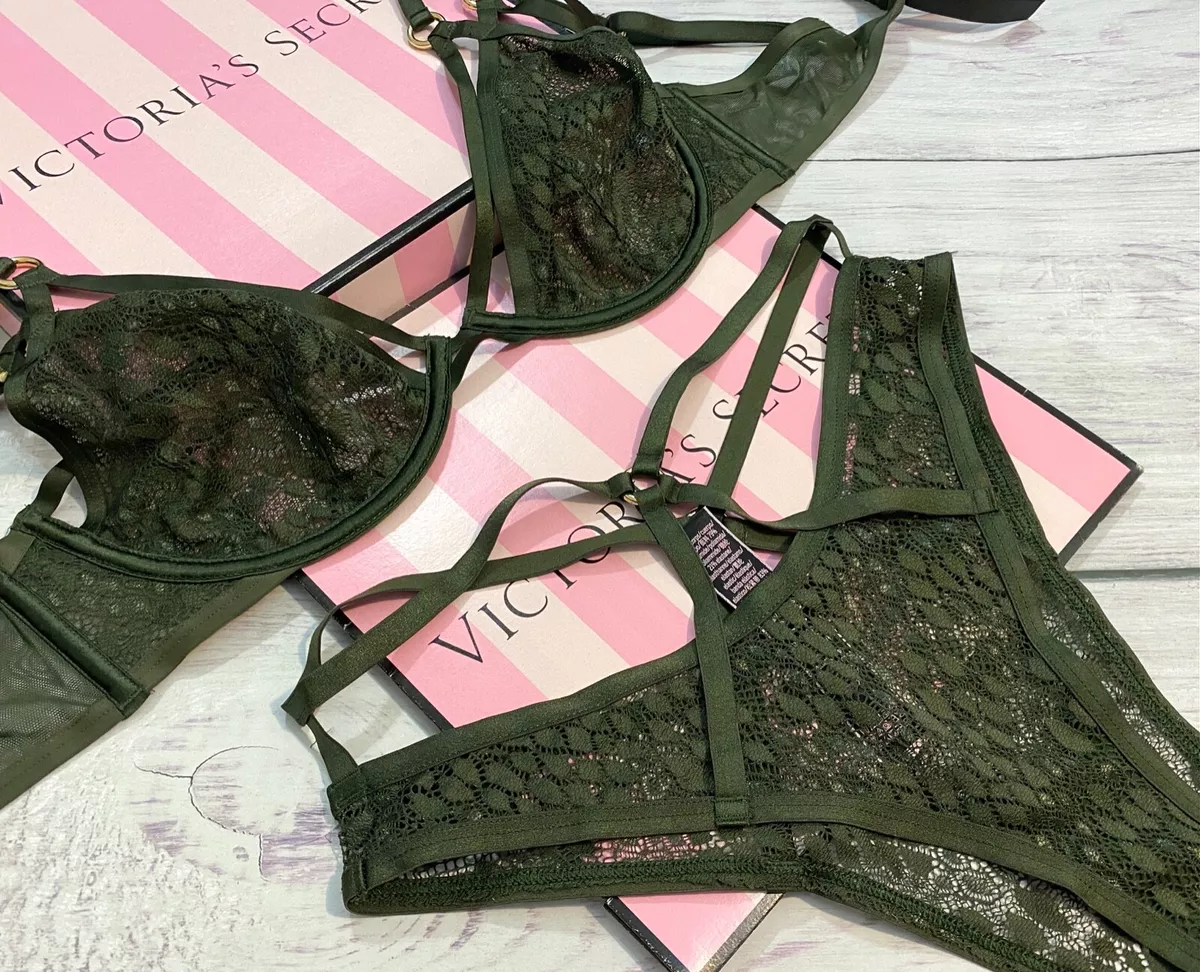 Victoria s Secret Strappy Ring Snake Lace Plunge Bra Set Unlined Green Brazilian