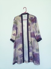 Vtg R M Richards Womens 10 Duster Open Front Sheer Stripe Purple Floral Metallic