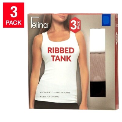 Felina XL 3-Pack Womens Tank Top Ribbed Sleeveless Shirt Classic Long Stretch