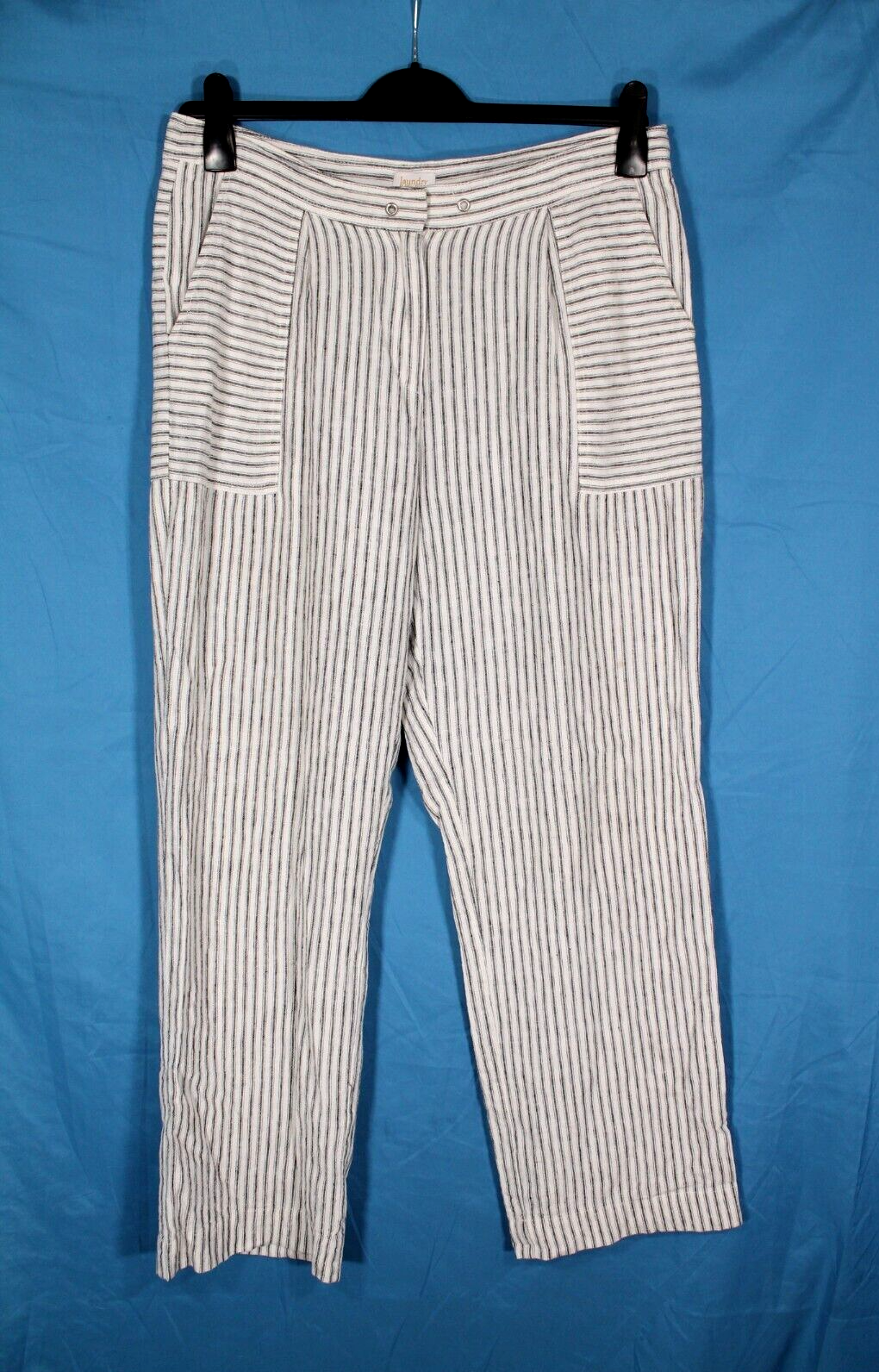 LAUNDRY By SHELLI SEGAL Blue Striped LINEN BLEND Wide Leg PLEATED FRONT Pants 12