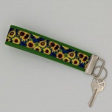 Sunflower Keychain Wristlet Feather Boho Fabric Key Ring FOB Green Floral Gift