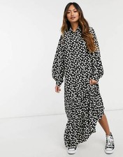 Glamorous Smock Ruffle Hem Maxi Shirt Dress in Spot Print Black/Cream UK 6
