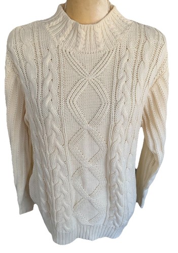 Chunky Cable Knit Fisherman Sweater Womens M Ivory Long Sl Jennifer Moore - Picture 3 of 5