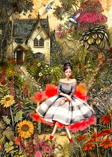 Girl sitting in flower garden artist trading card 2.5x3.5 ACEO landscape art