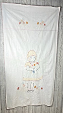 VTG Baby Girl Crib Cover Top Sheet Hand Embroidered 34"x66" Girl Holding Flowers