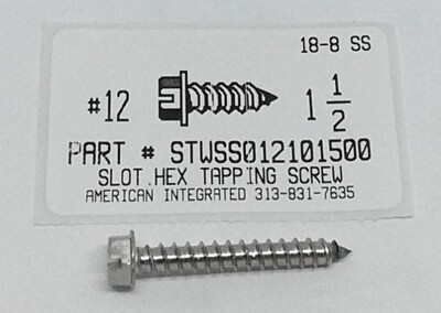 #12x1-1/2 Hex Washer Head Slotted Tapping Screws Type A Stainless Steel (15)