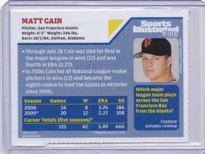 2009 Sports Illustrated for Kids Series 4 Matt Cain #405 ID10 - Image 2 of 2