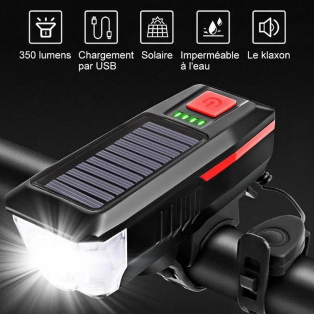 Lumière vélo solaire étanche avec klaxon fort et éclairage LED puissant