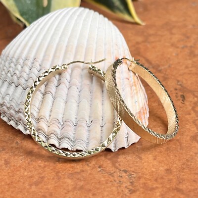 14KT Yellow Gold Satin Diamond Cut Finish 4mm Tube Large Hoop Earrings  37mm