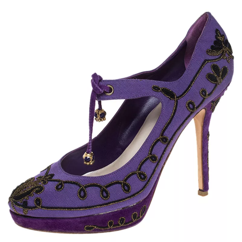 Escarpins plate forme à cravate en toile brodée violette taille 39