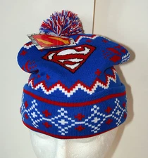 DC Comics Pom-Pom Superman Superhero Snowflake Sweater Knit Cap Hat New 2016
