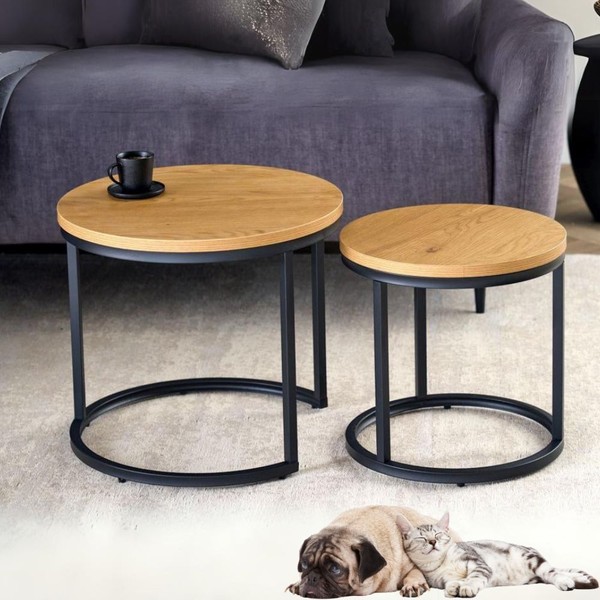 Modernes 2Er Set Beistelltisch Marmo 45Cm Natur Wildeiche-Look Schwarz Metall-image