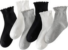 6 Pairs Ruffle Socks for Women Girls,Casual Cute Ankle 5-9 Black white grey